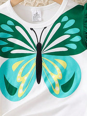 2pcs Girls Butterfly Flutter Sleeve Top & Bow Pants Set - Emerald |...