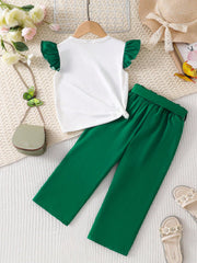 2pcs Girls Butterfly Flutter Sleeve Top & Bow Pants Set - Emerald |...