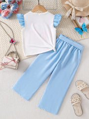 2pcs Girls Butterfly Print Flutter Sleeve Top & Pants Set - Periwin...