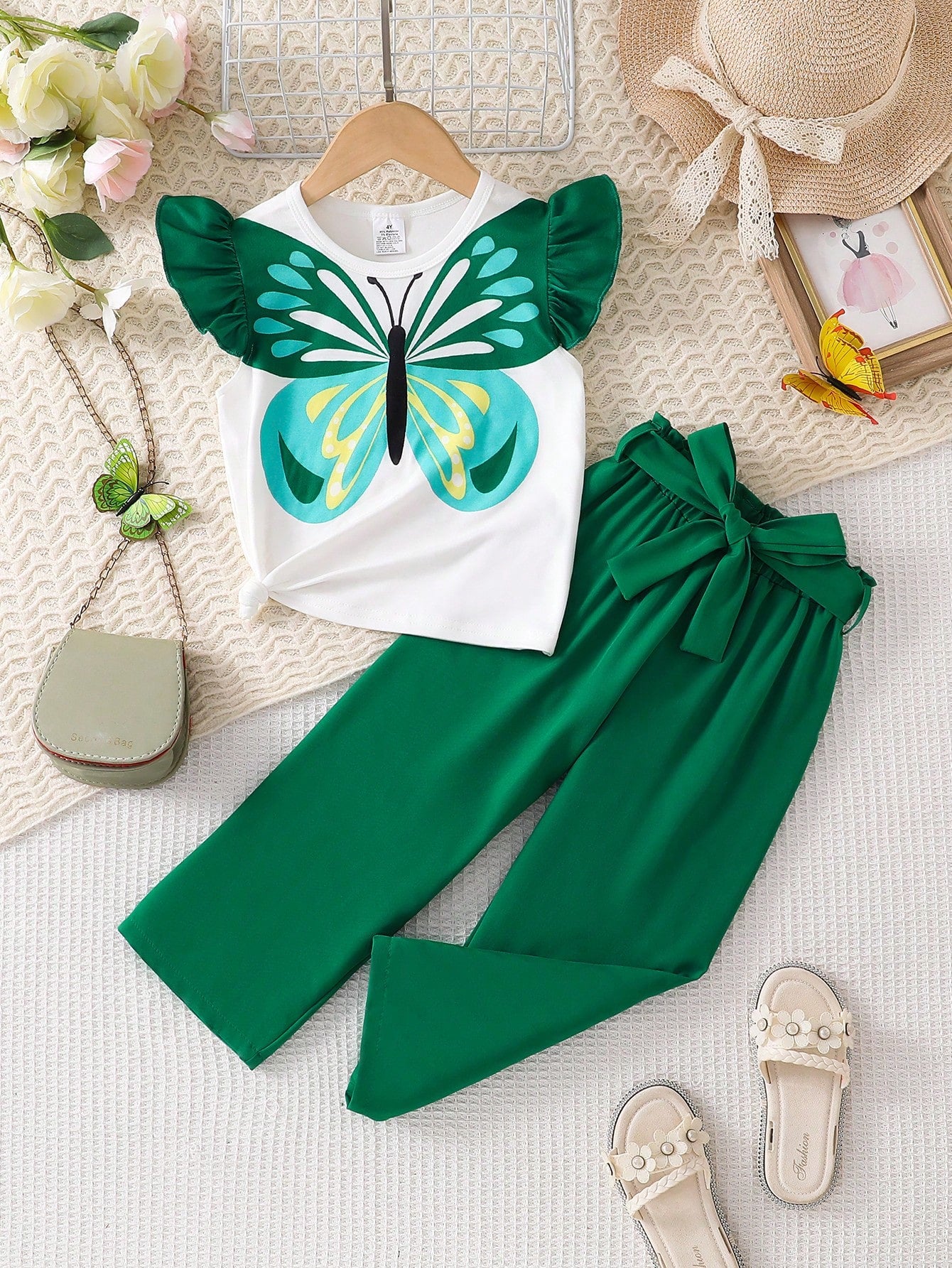 2pcs Girls Butterfly Flutter Sleeve Top & Bow Pants Set - Emerald |...