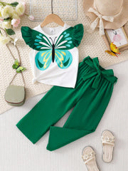 2pcs Girls Butterfly Flutter Sleeve Top & Bow Pants Set - Emerald |...