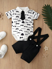2pcs Baby Boys Moustache Print Bodysuit & Suspender Shorts Set - Iv...
