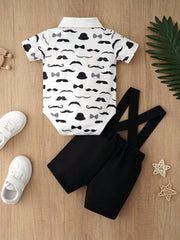 2pcs Baby Boys Moustache Print Bodysuit & Suspender Shorts Set - Iv...