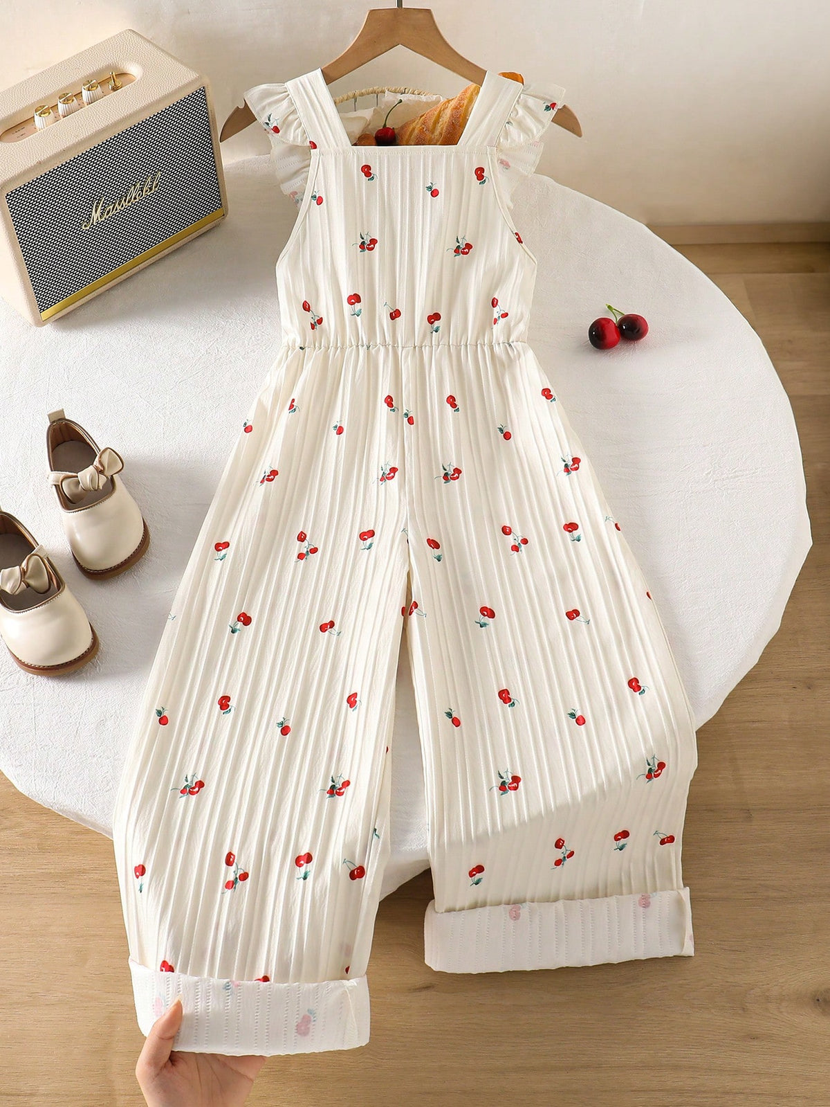 Big Girls Cherry Print Ruffle Strap Wide-Leg Jumpsuit - Ecru | 21 C...