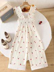 Big Girls Cherry Print Ruffle Strap Wide-Leg Jumpsuit - Ecru | 21 C...
