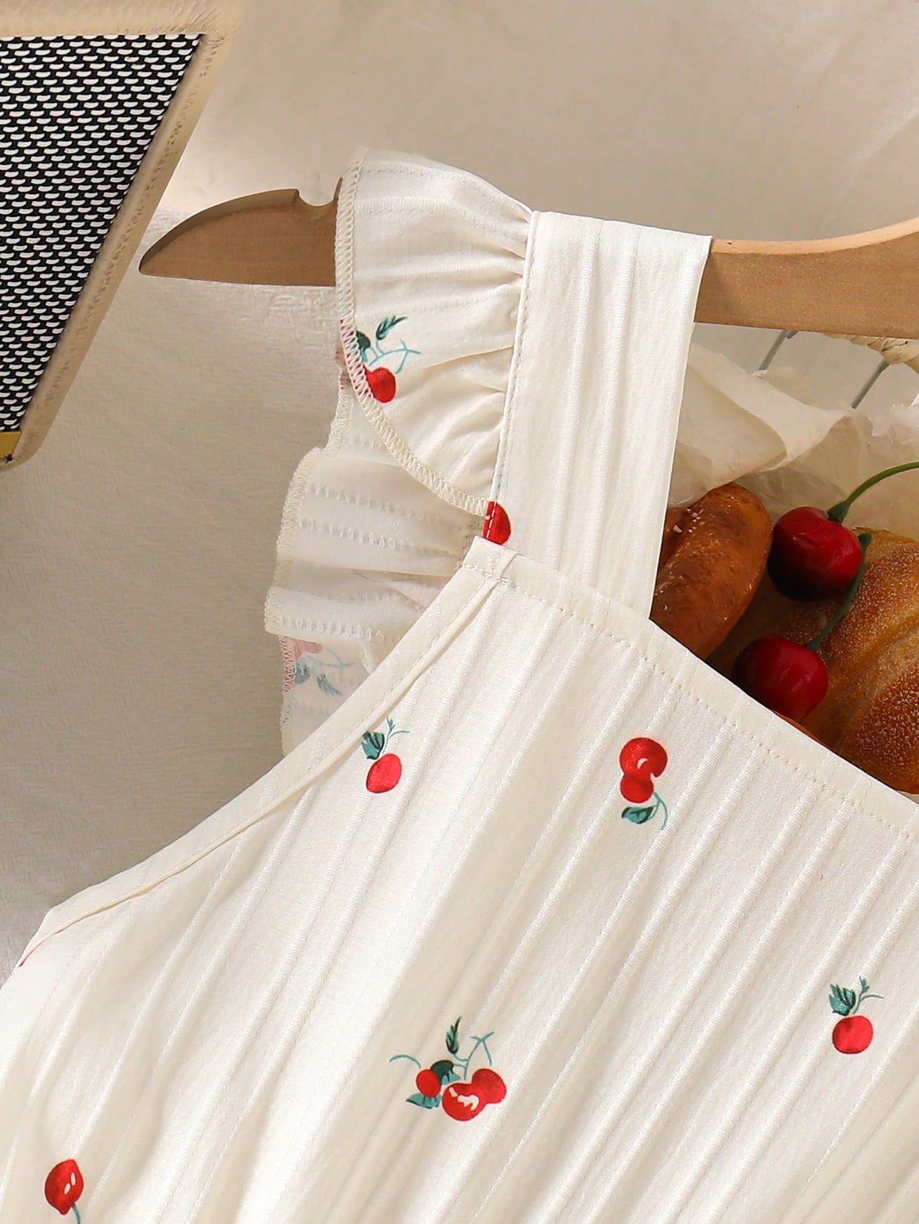 Big Girls Cherry Print Ruffle Strap Wide-Leg Jumpsuit - Ecru | 21 C...