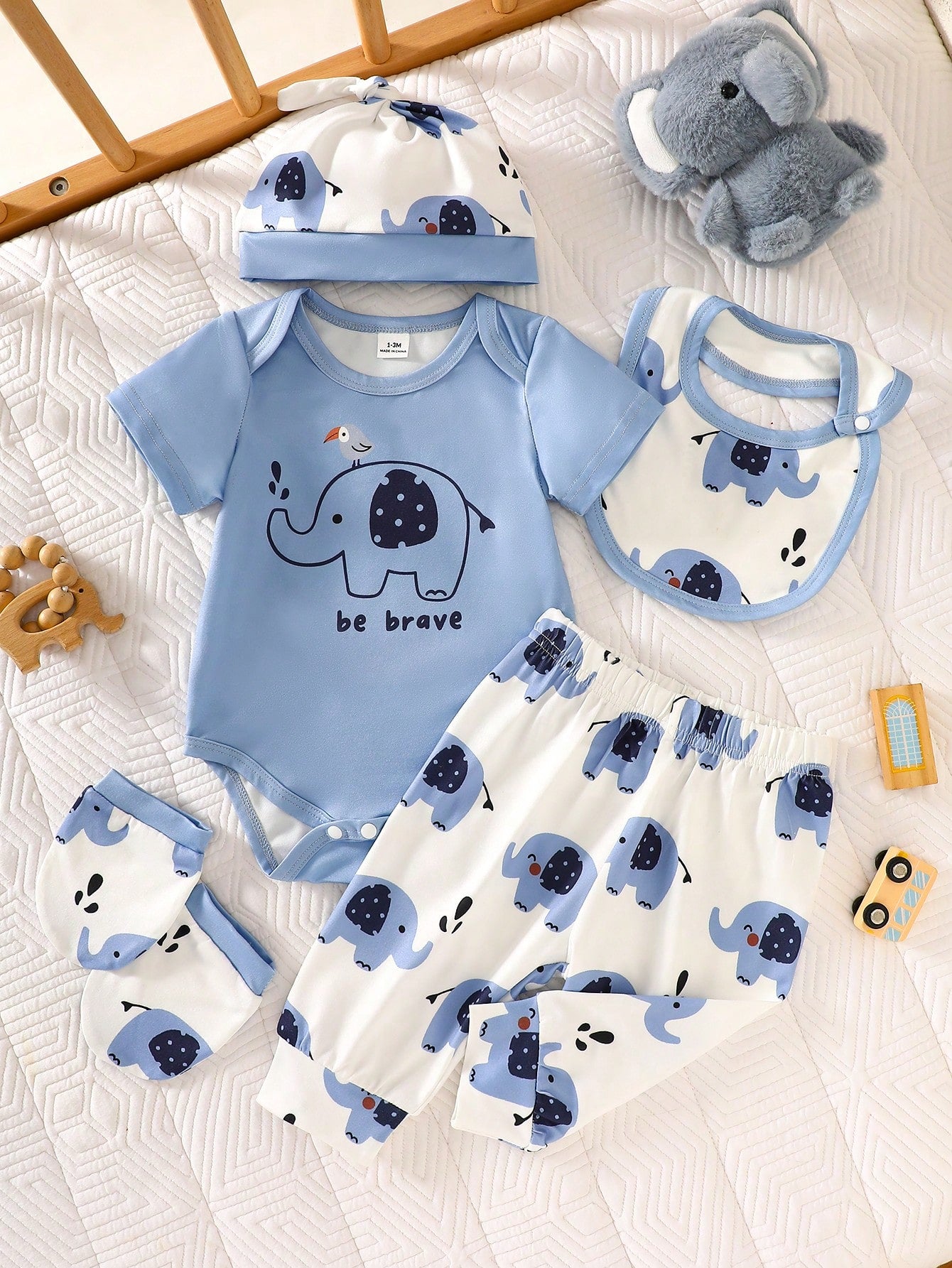 5pcs Baby Boys Elephant Print Bodysuit & Pants Set - Cerulean | 21 ...