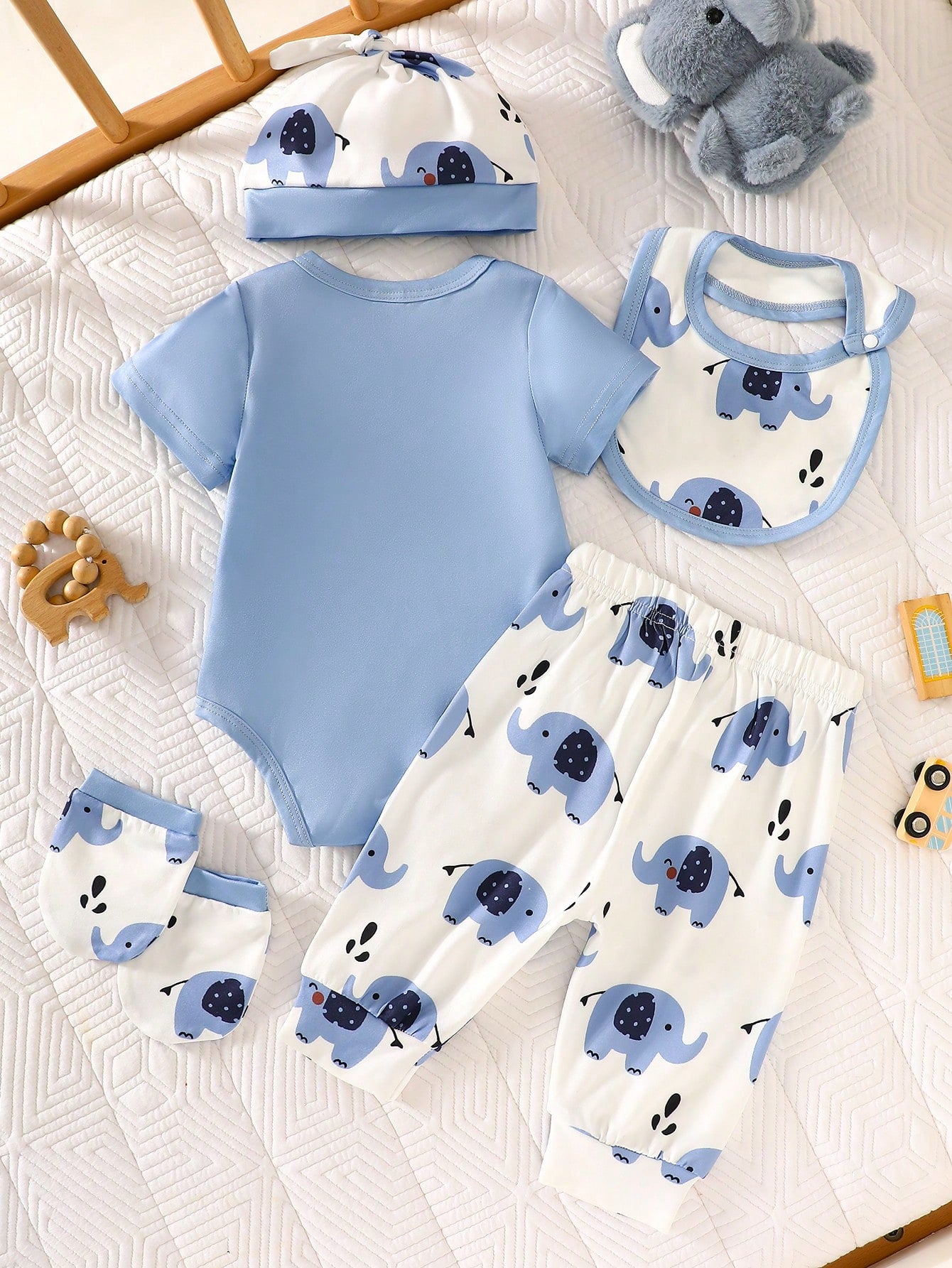 5pcs Baby Boys Elephant Print Bodysuit & Pants Set - Cerulean | 21 ...