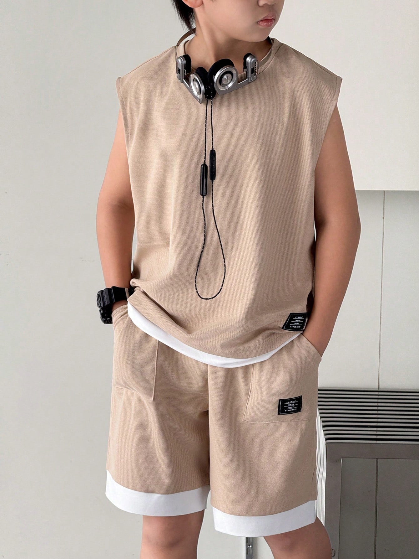 2pcs Big Boys Sleeveless Knit Tee & Shorts Set - Sand Beige