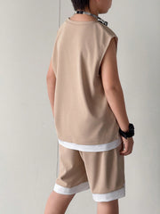 2pcs Big Boys Sleeveless Knit Tee & Shorts Set - Sand Beige
