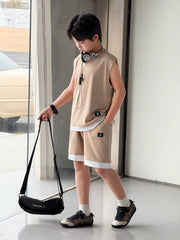 2pcs Big Boys Sleeveless Knit Tee & Shorts Set - Sand Beige