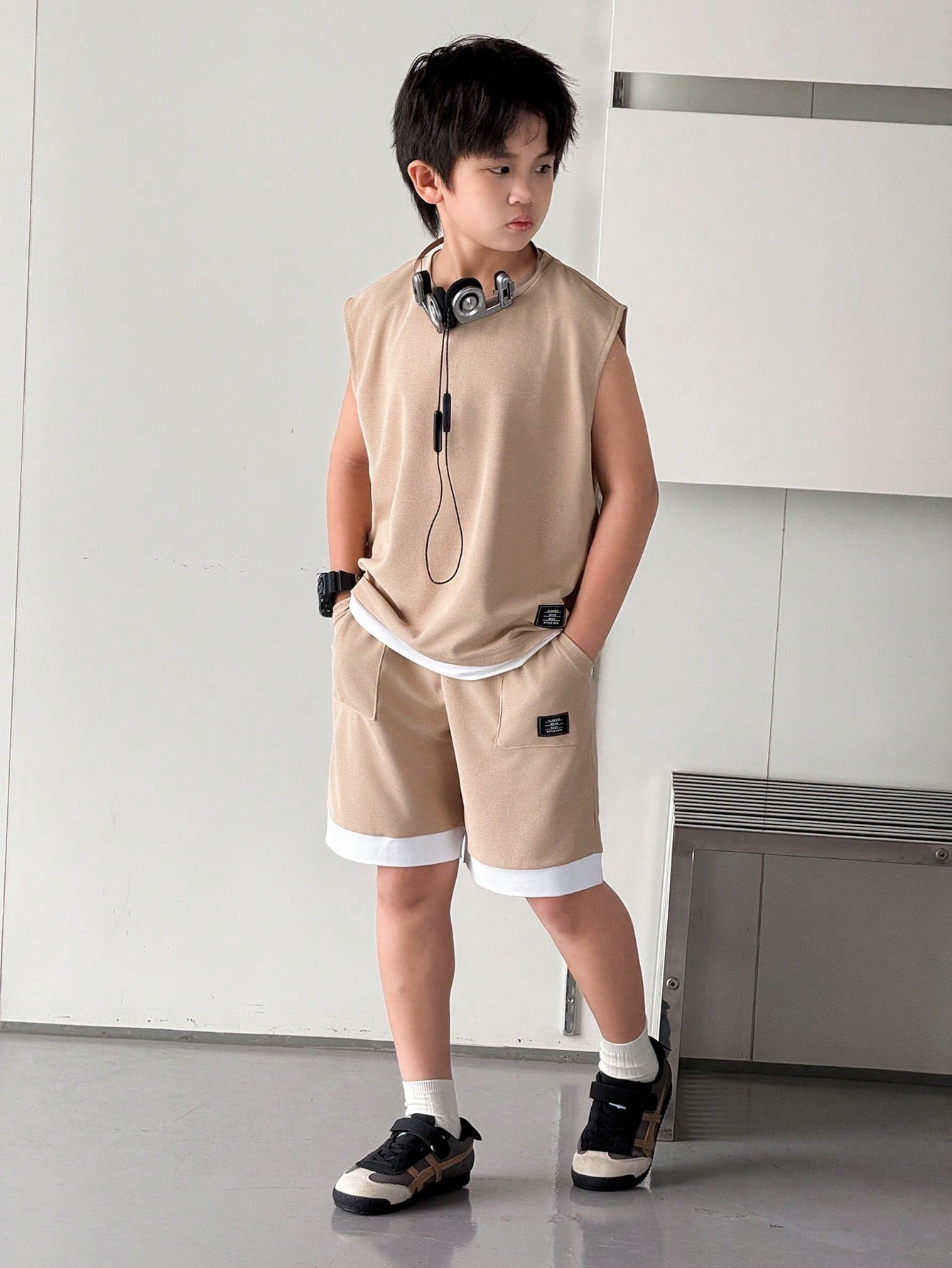 2pcs Big Boys Sleeveless Knit Tee & Shorts Set - Sand Beige