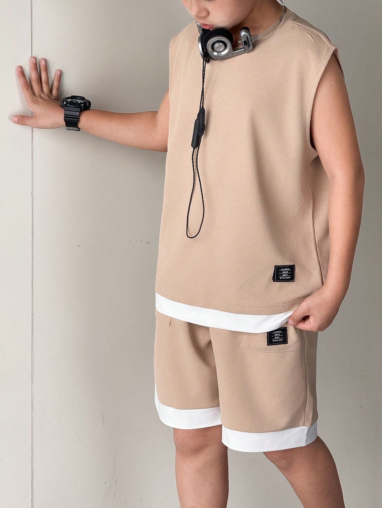 2pcs Big Boys Sleeveless Knit Tee & Shorts Set - Sand Beige