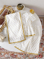2pcs Girls Gold Print Puff Sleeve Top & Pants Set - Ivory | 21 Cent...