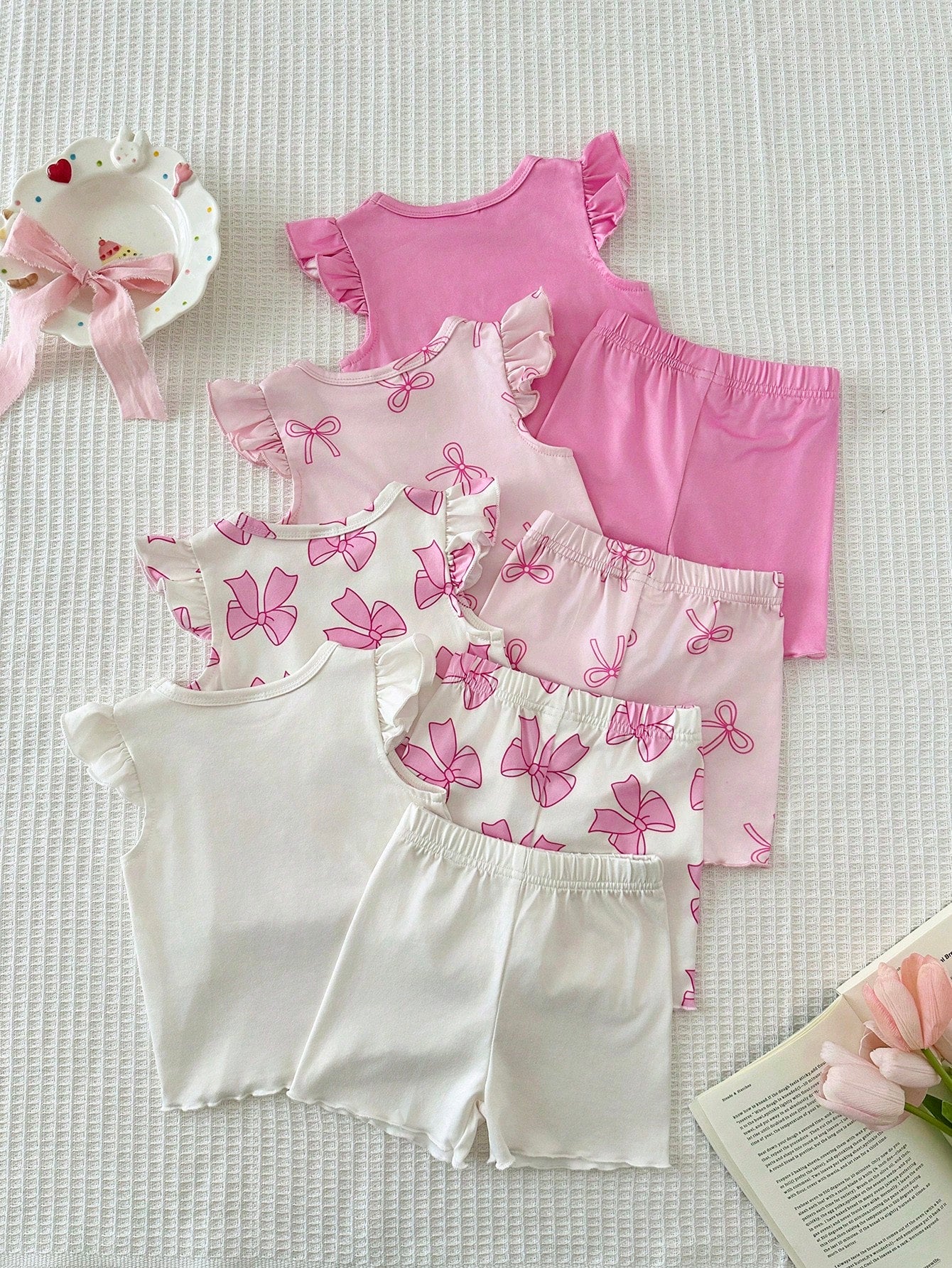 8pcs Girls Bow Print Ruffle Sleeve Top & Shorts Set - Blush | 21 Ce...