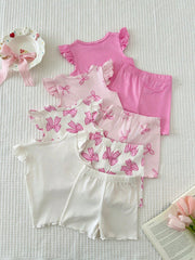 8pcs Girls Bow Print Ruffle Sleeve Top & Shorts Set - Blush | 21 Ce...