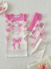8pcs Girls Bow Print Ruffle Sleeve Top & Shorts Set - Blush | 21 Ce...