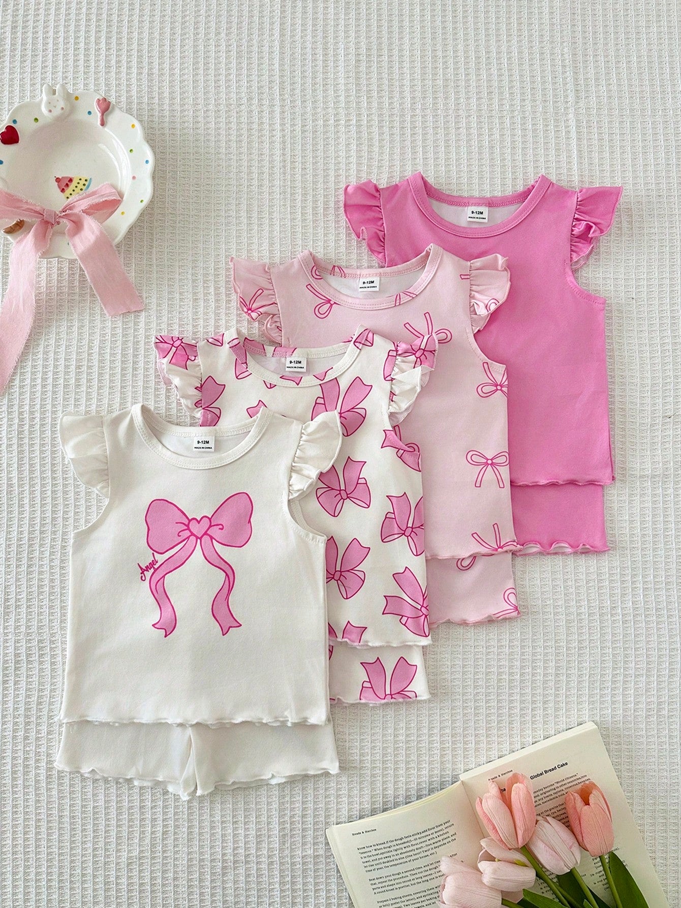 8pcs Girls Bow Print Ruffle Sleeve Top & Shorts Set - Blush | 21 Ce...