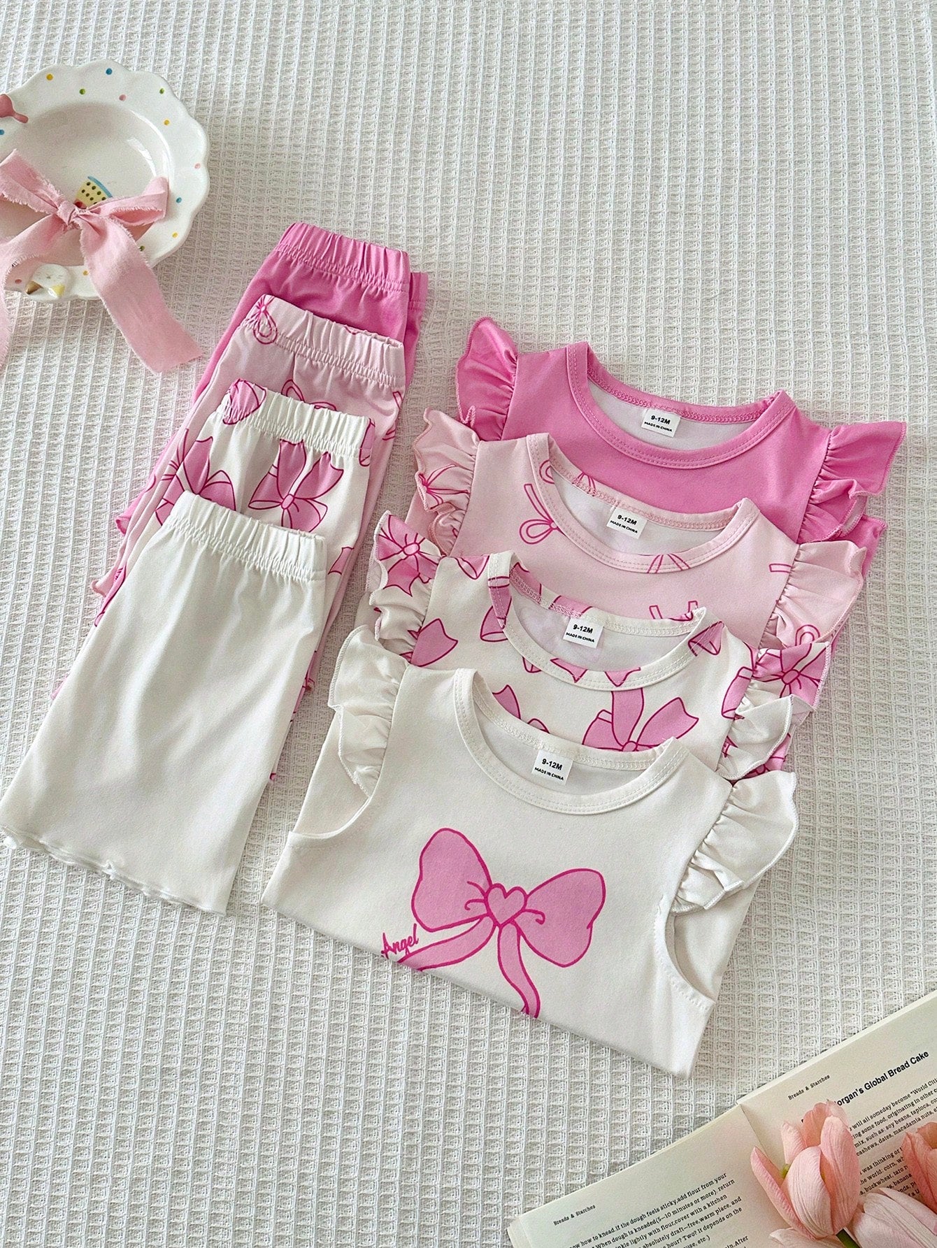 8pcs Girls Bow Print Ruffle Sleeve Top & Shorts Set - Blush | 21 Ce...