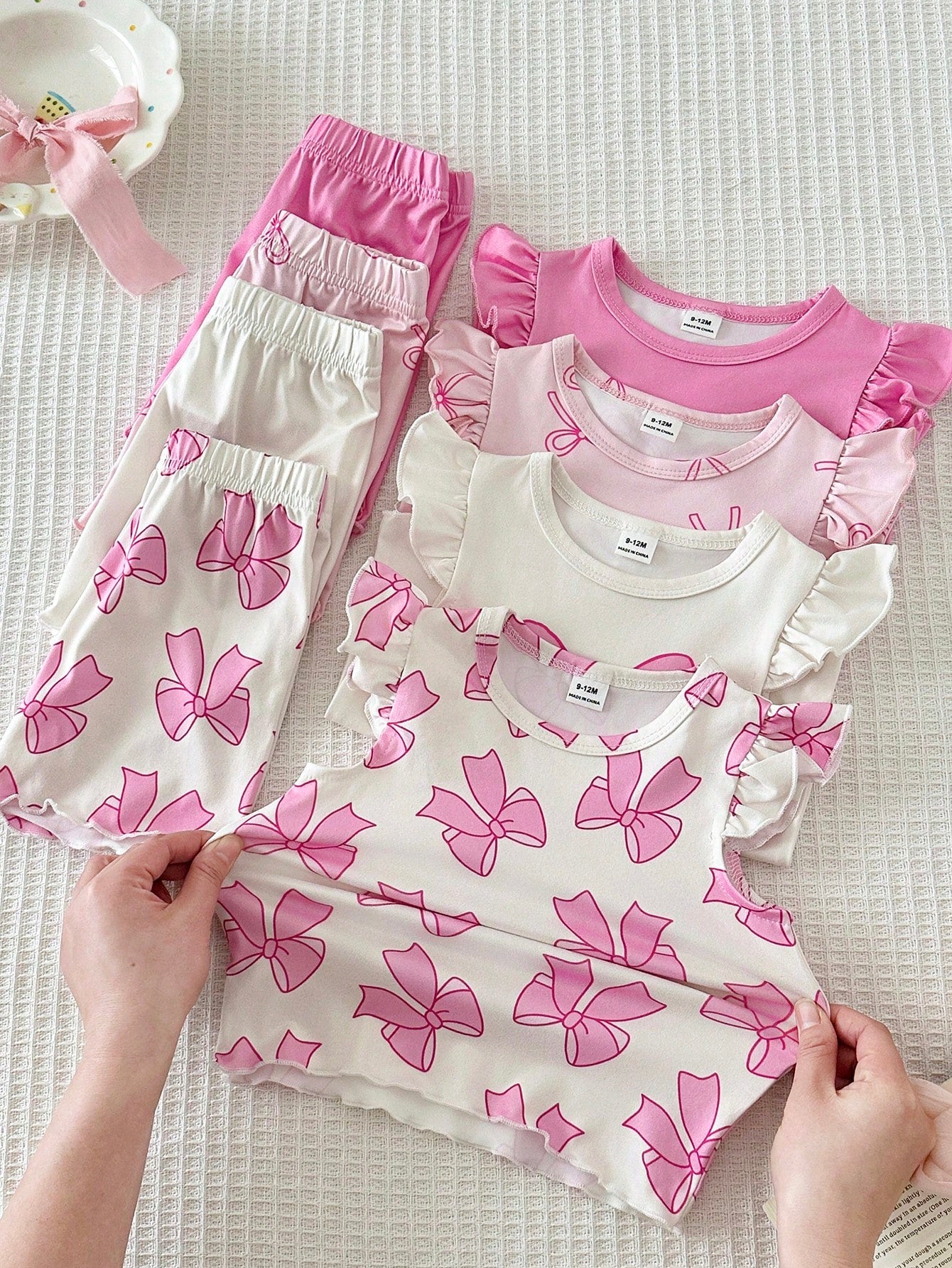 8pcs Girls Bow Print Ruffle Sleeve Top & Shorts Set - Blush | 21 Ce...