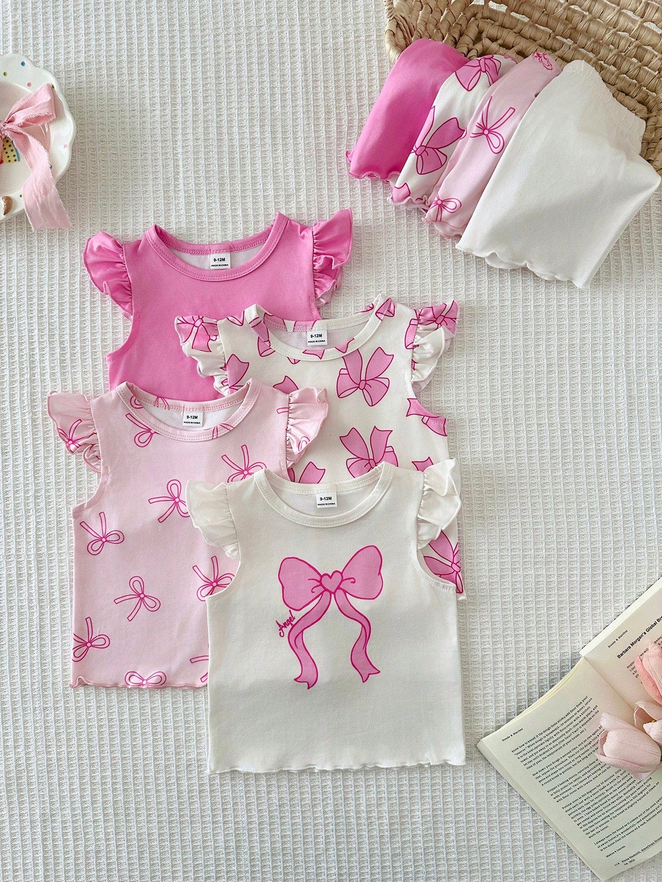 8pcs Girls Bow Print Ruffle Sleeve Top & Shorts Set - Blush | 21 Ce...