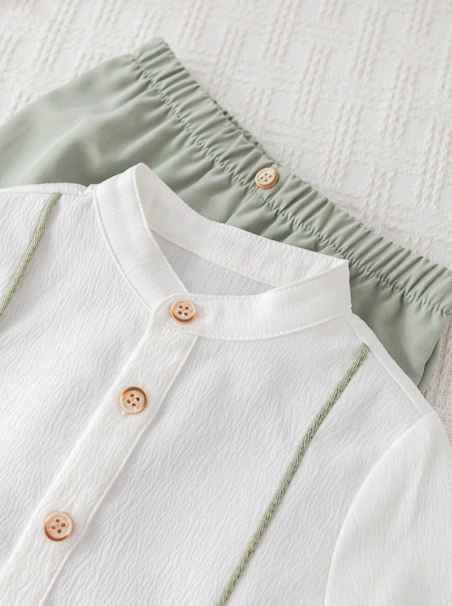 2pcs Boys Mandarin Collar Shirt & Trouser Set - Ivory