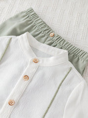 2pcs Boys Mandarin Collar Shirt & Trouser Set - Ivory