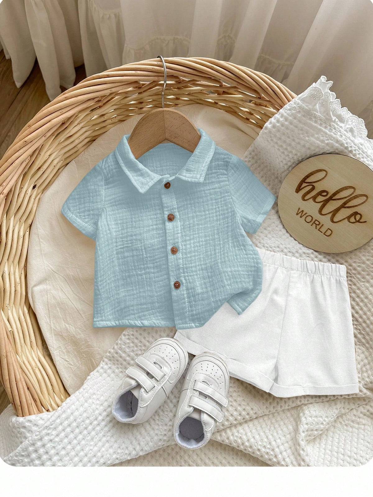 Baby Boys Muslin Button-Down Shirt & Shorts Set - Powder Blue