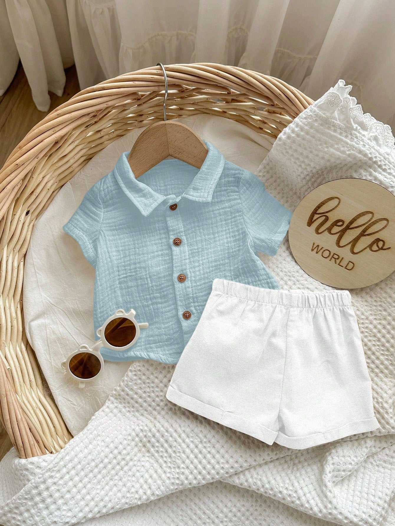Baby Boys Muslin Button-Down Shirt & Shorts Set - Powder Blue