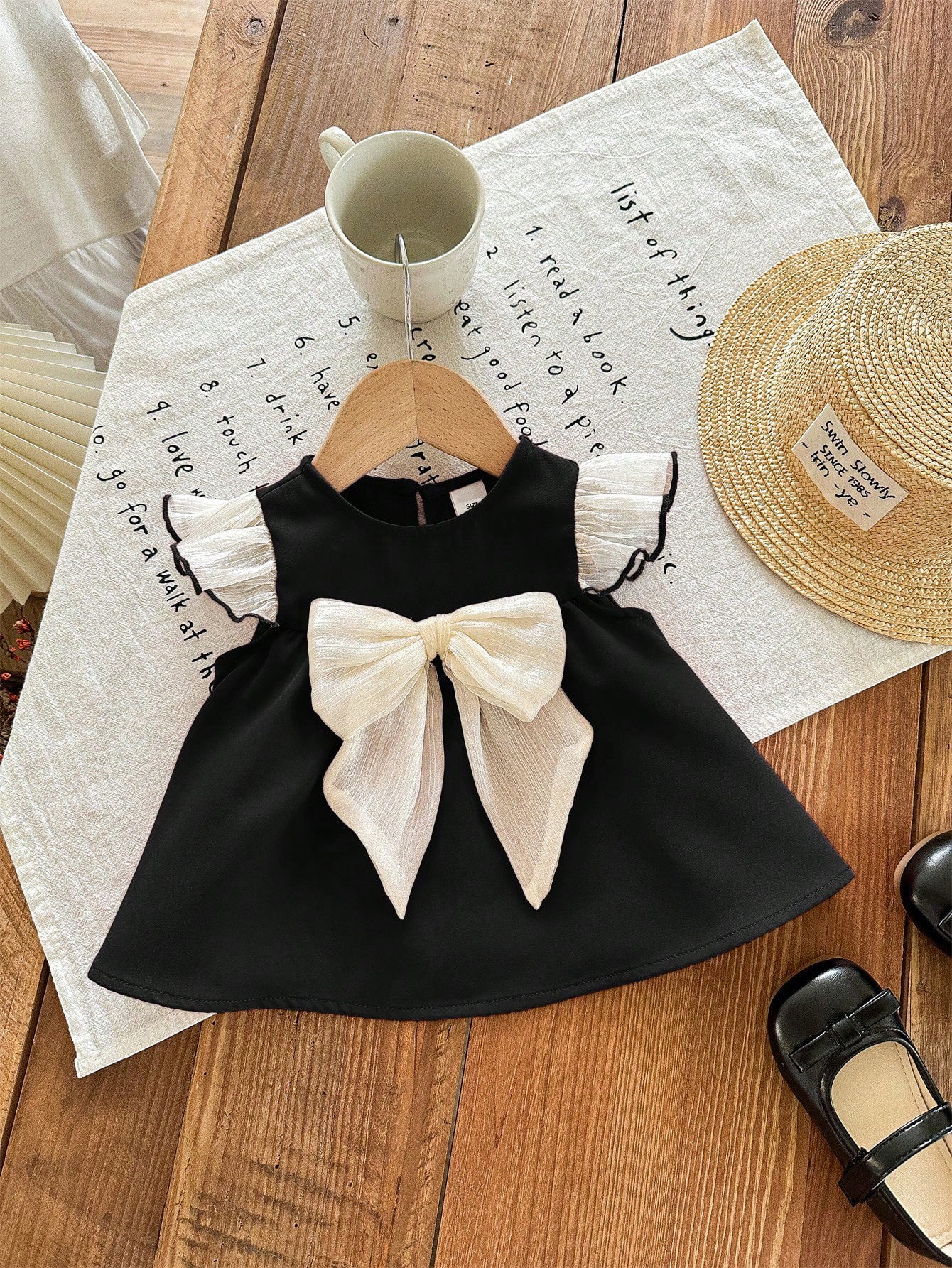 Girls Ruffle Cap Sleeve Bow Front Dress - Onyx