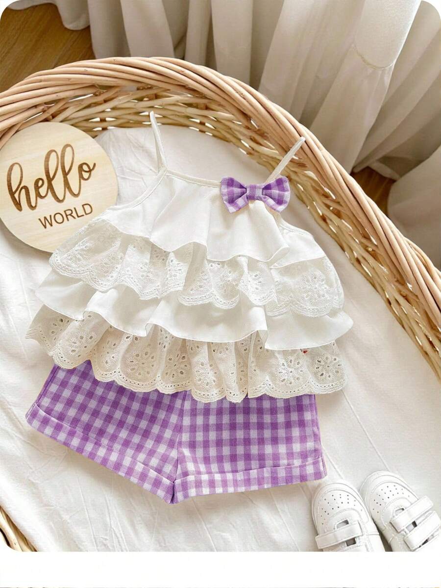 2pcs Girls Eyelet Ruffle Camisole Top & Gingham Shorts Set - Ivory ...