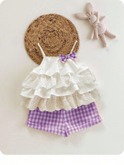 2pcs Girls Eyelet Ruffle Camisole Top & Gingham Shorts Set - Ivory ...