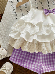 2pcs Girls Eyelet Ruffle Camisole Top & Gingham Shorts Set - Ivory ...