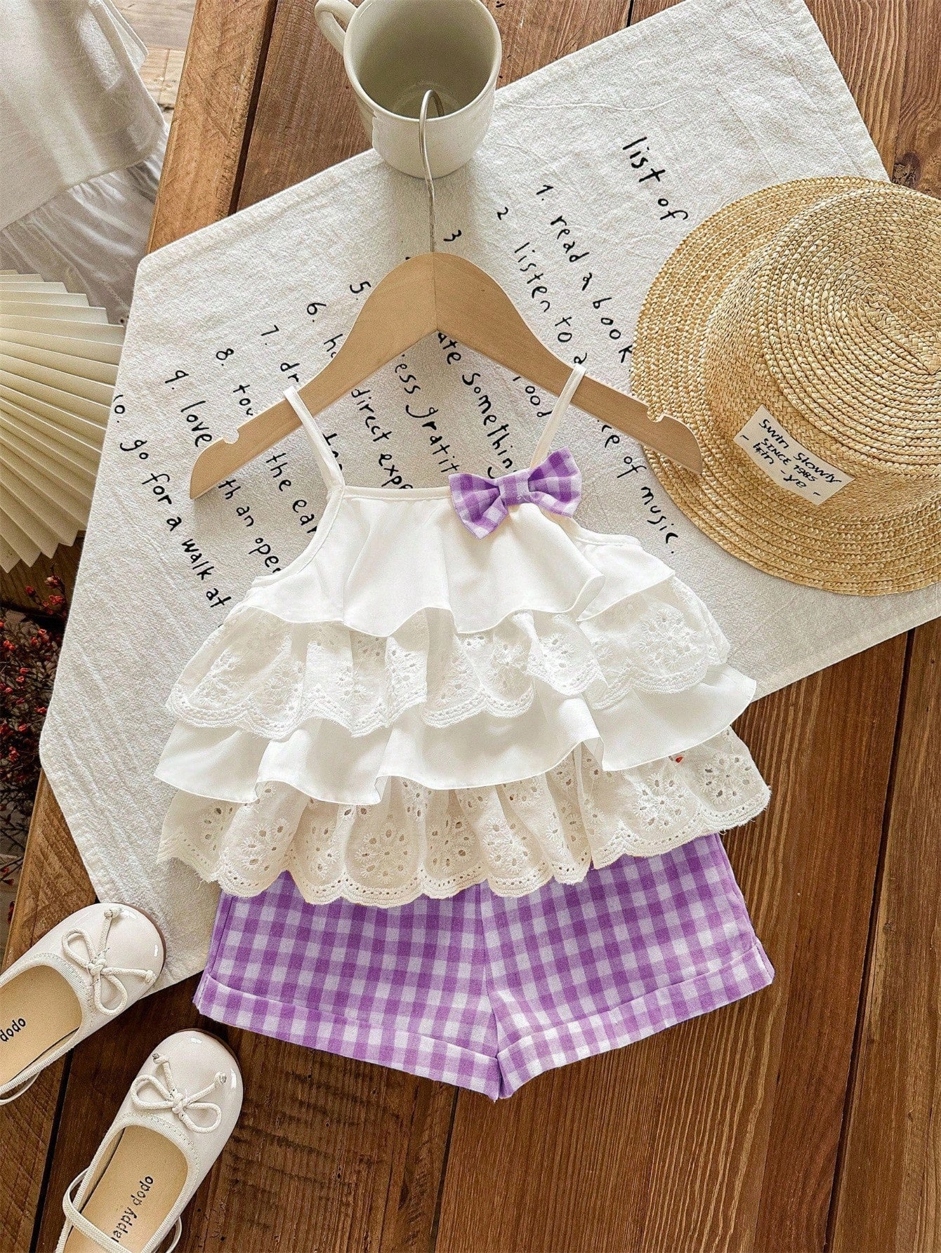 2pcs Girls Eyelet Ruffle Camisole Top & Gingham Shorts Set - Ivory ...