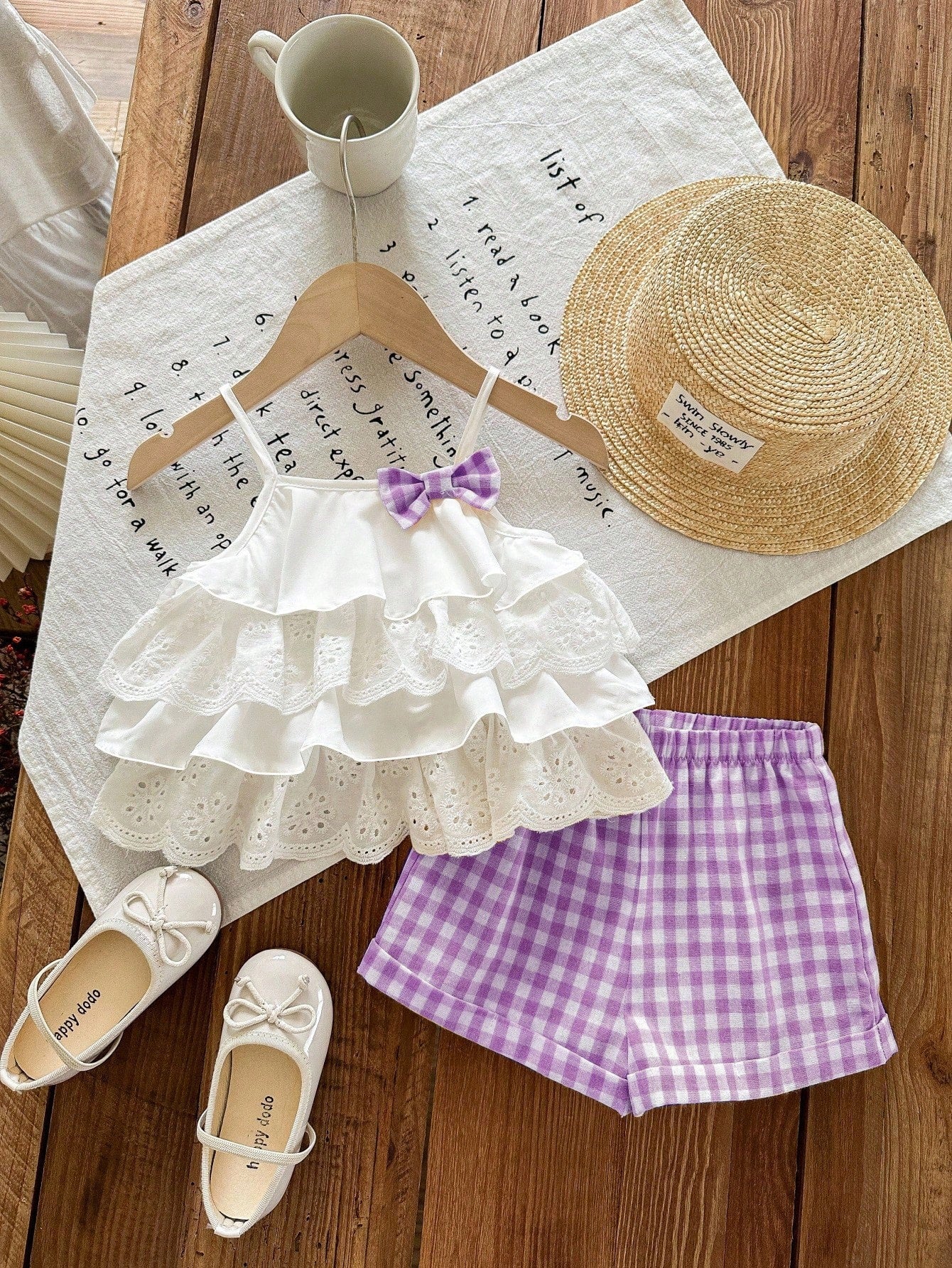 2pcs Girls Eyelet Ruffle Camisole Top & Gingham Shorts Set - Ivory ...