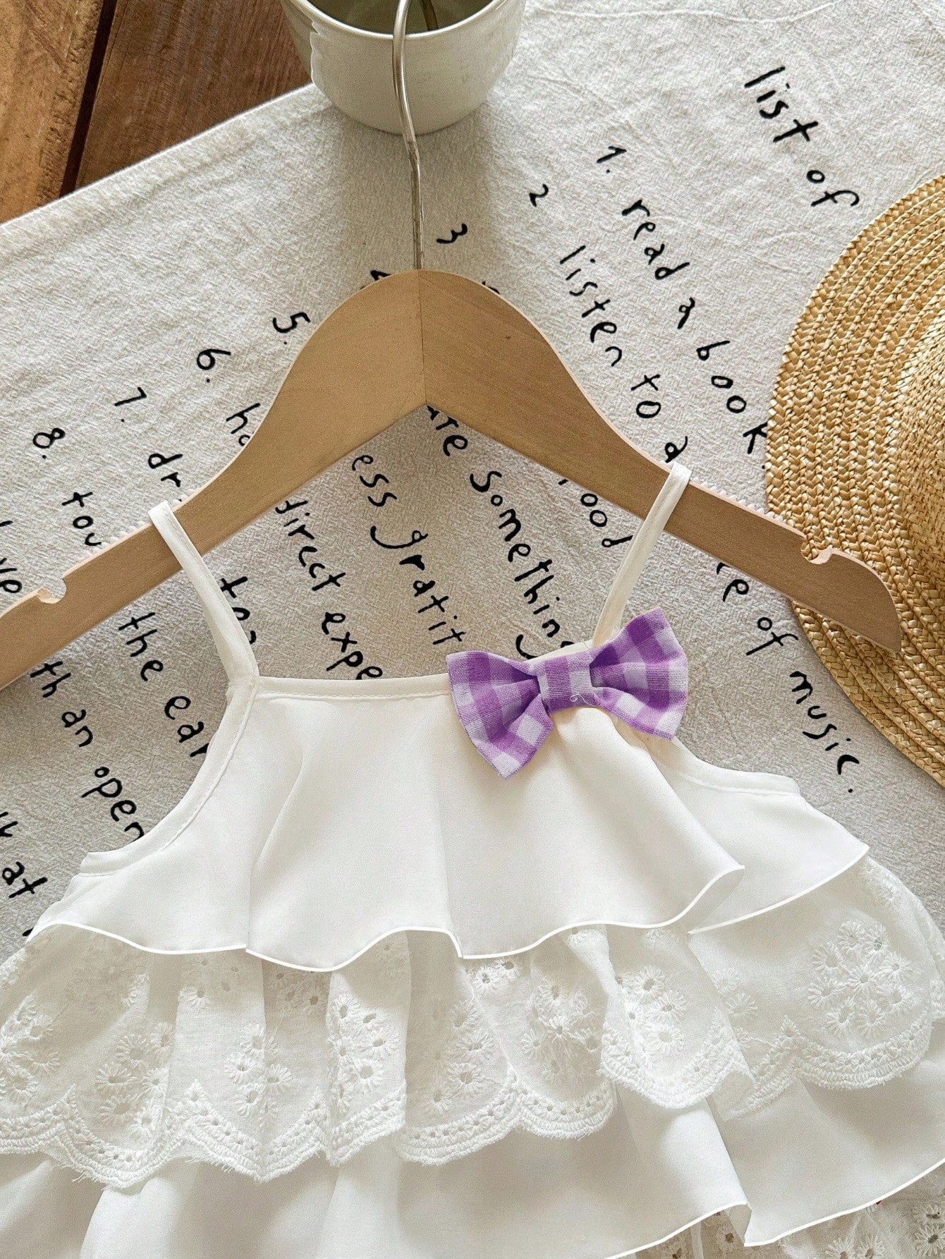 2pcs Girls Eyelet Ruffle Camisole Top & Gingham Shorts Set - Ivory ...