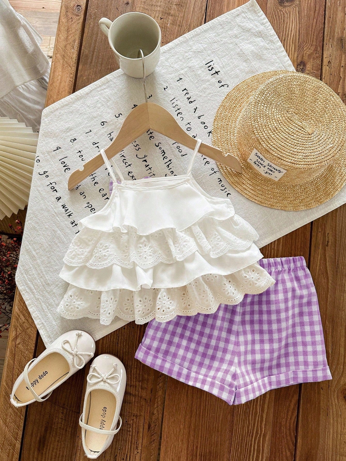 2pcs Girls Eyelet Ruffle Camisole Top & Gingham Shorts Set - Ivory ...
