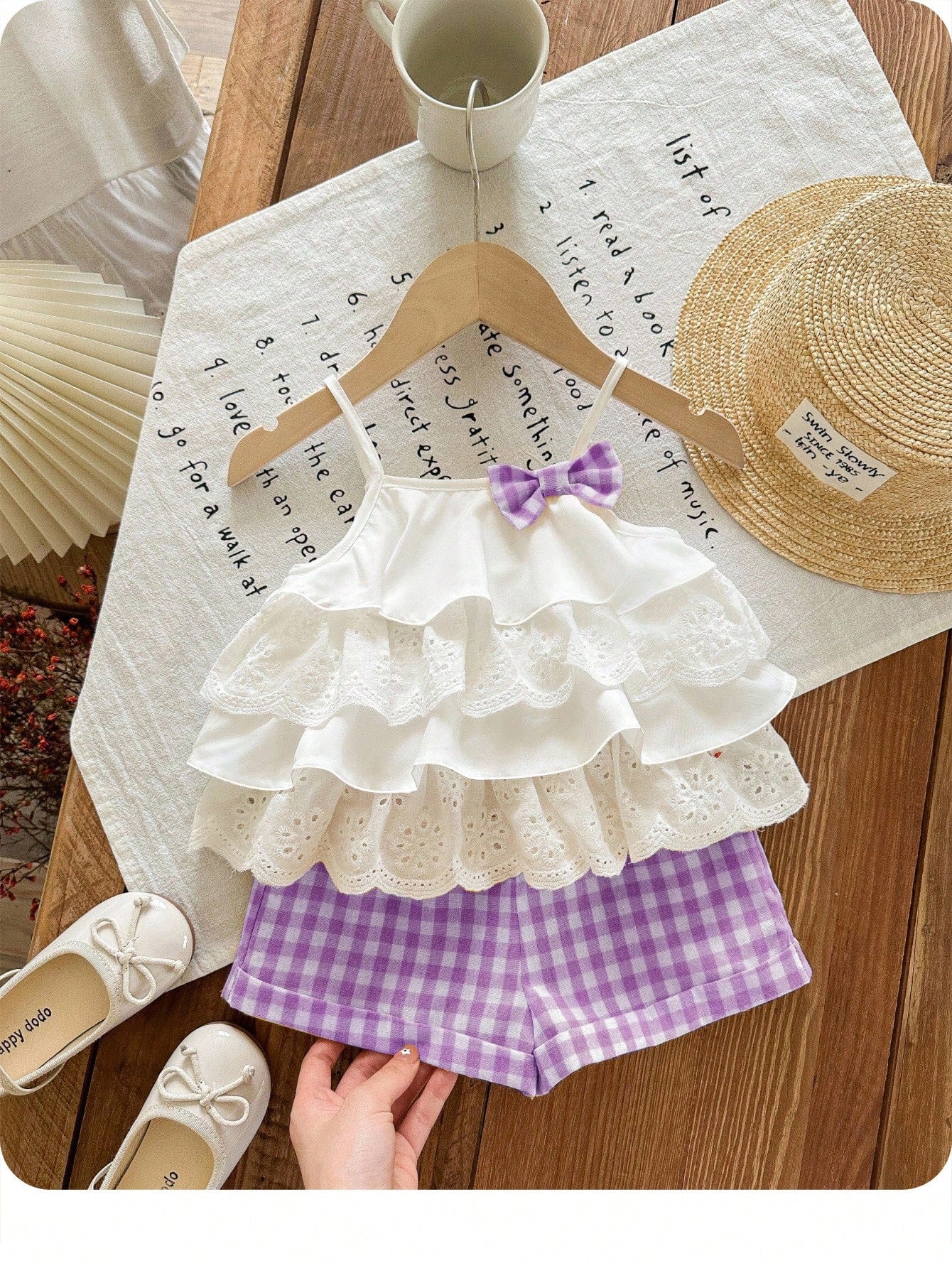 2pcs Girls Eyelet Ruffle Camisole Top & Gingham Shorts Set - Ivory ...