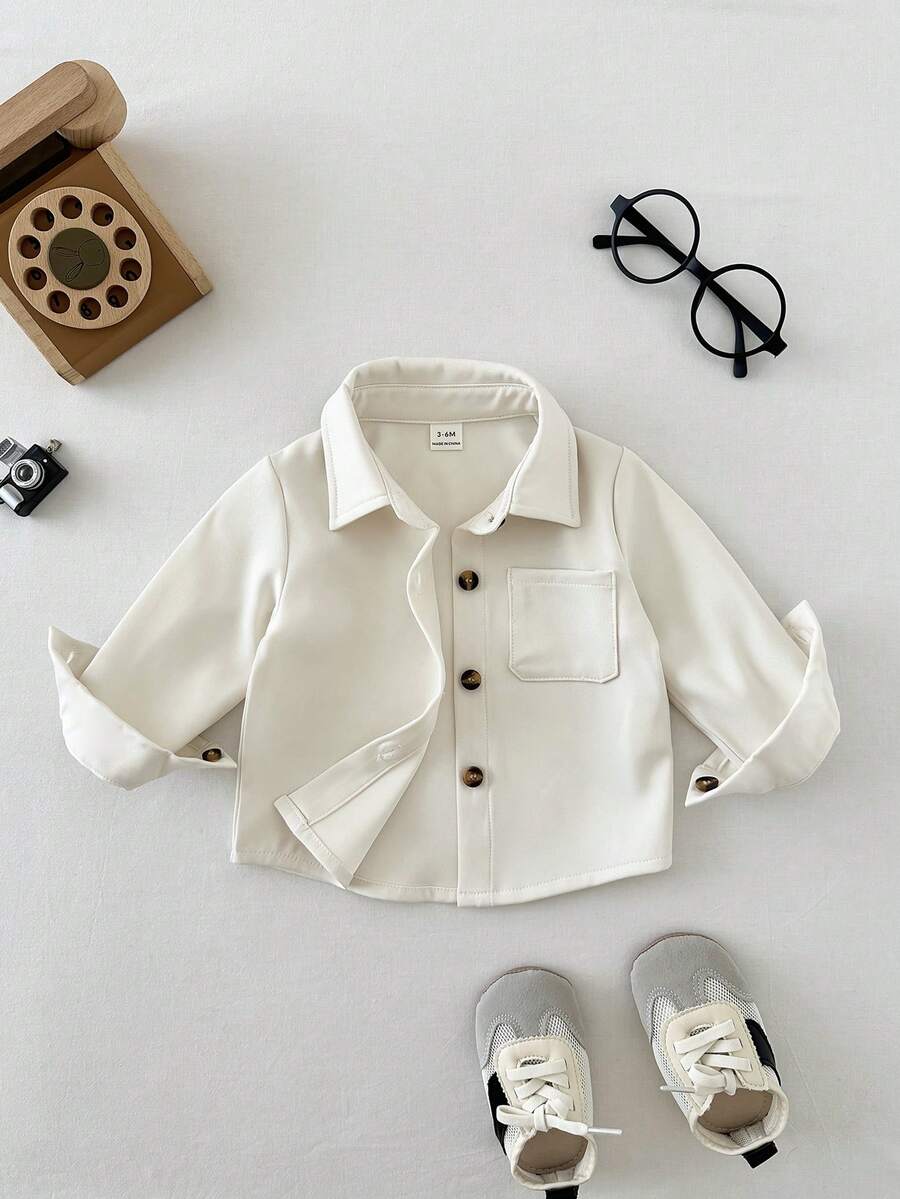 Boys Long Sleeve Button-Front Chest Pocket Overshirt - Ivory | 21 C...