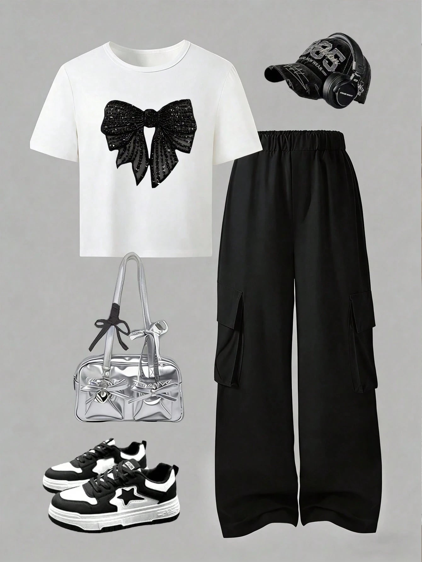 2pcs Big Girls Sequin Bow Crop Tee & Cargo Pants Set - Ivory | 21 C...