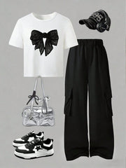 2pcs Big Girls Sequin Bow Crop Tee & Cargo Pants Set - Ivory | 21 C...