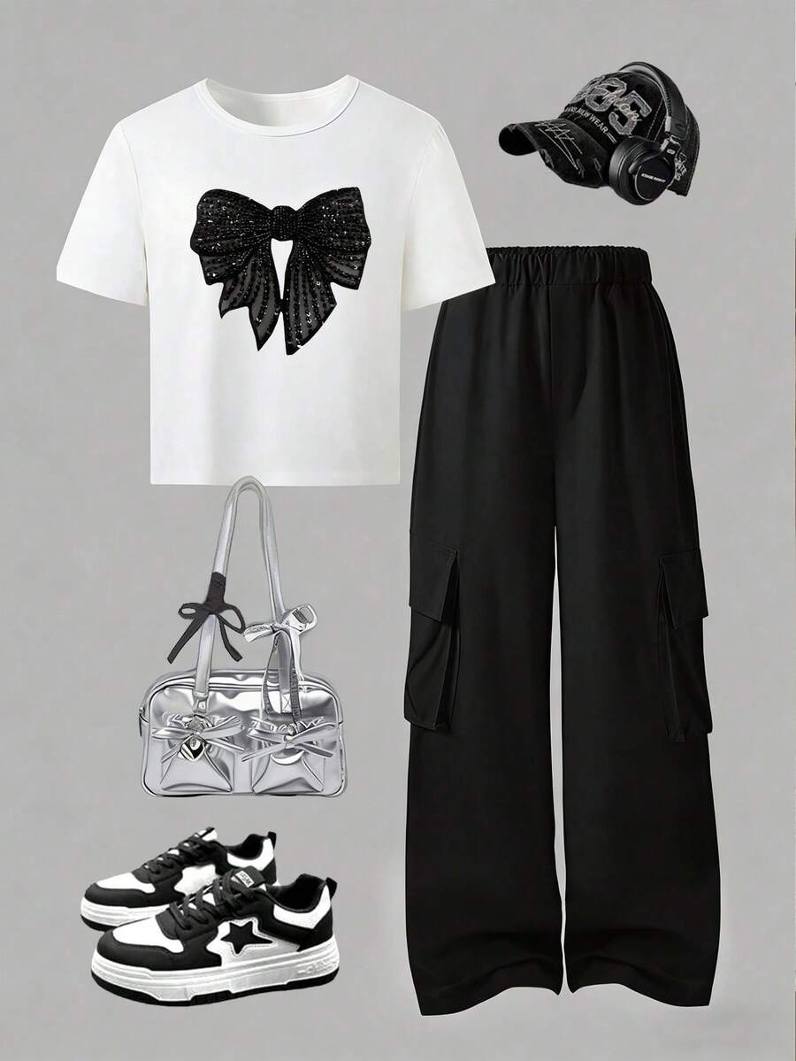 2pcs Big Girls Sequin Bow Crop Tee & Cargo Pants Set - Ivory | 21 C...