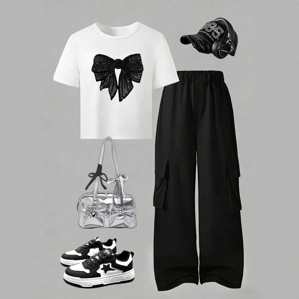 2pcs Big Girls Sequin Bow Crop Tee & Cargo Pants Set - Ivory | 21 C...