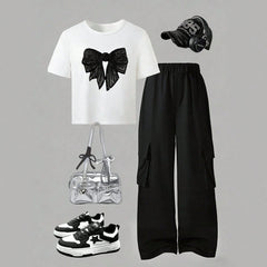 2pcs Big Girls Sequin Bow Crop Tee & Cargo Pants Set - Ivory | 21 C...