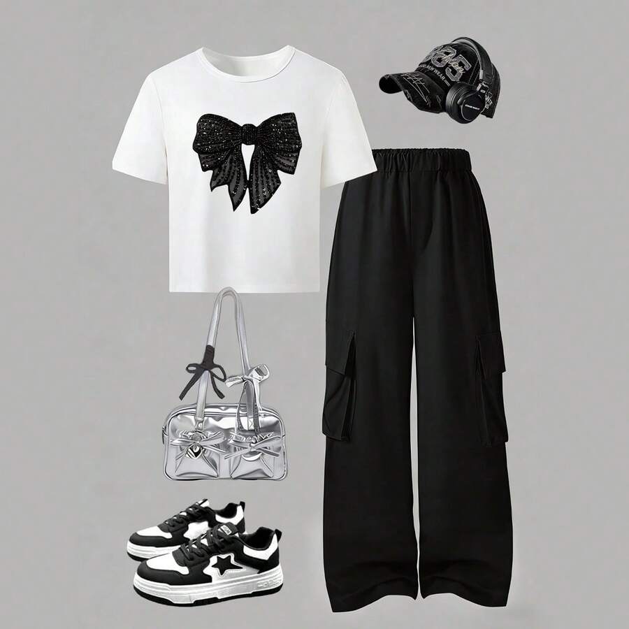 2pcs Big Girls Sequin Bow Crop Tee & Cargo Pants Set - Ivory | 21 C...