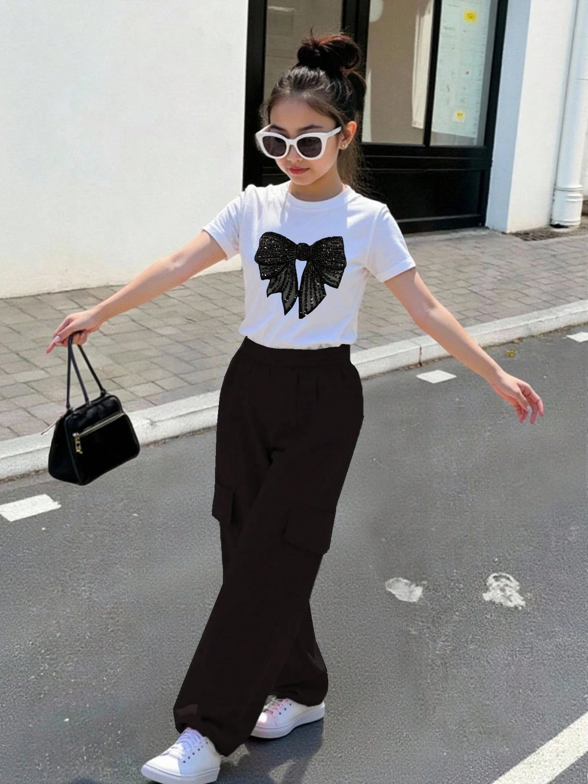 2pcs Big Girls Sequin Bow Crop Tee & Cargo Pants Set - Ivory | 21 C...