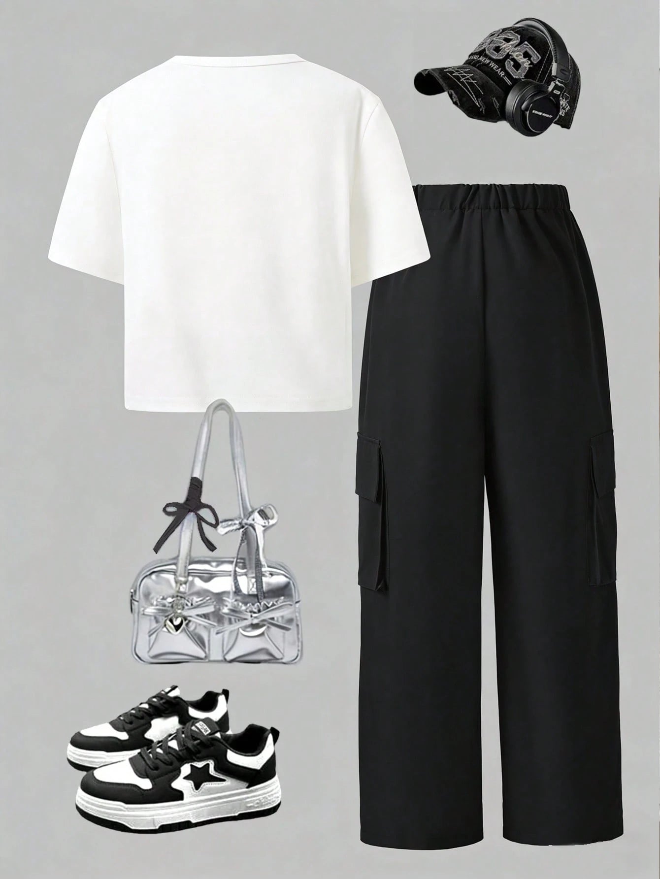 2pcs Big Girls Sequin Bow Crop Tee & Cargo Pants Set - Ivory | 21 C...
