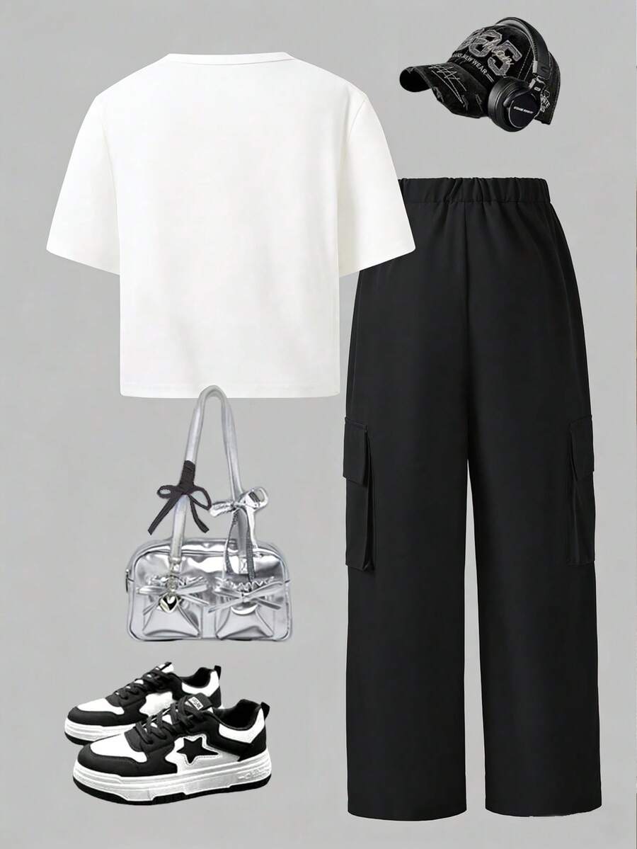 2pcs Big Girls Sequin Bow Crop Tee & Cargo Pants Set - Ivory | 21 C...