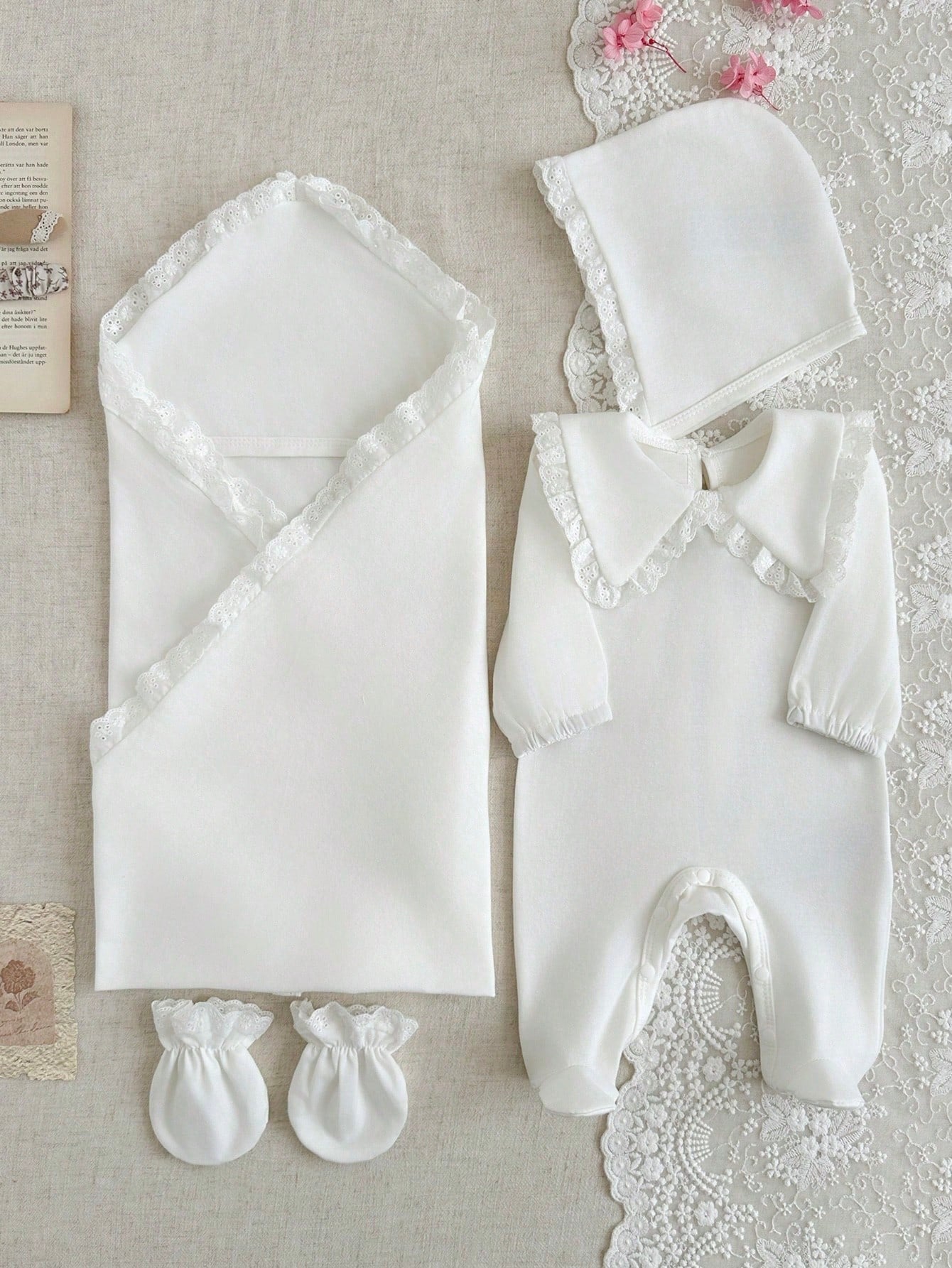 4pcs Baby Girls Lace-Trim Footed Sleepsuit Gift Set - Ivory | 21 Ce...