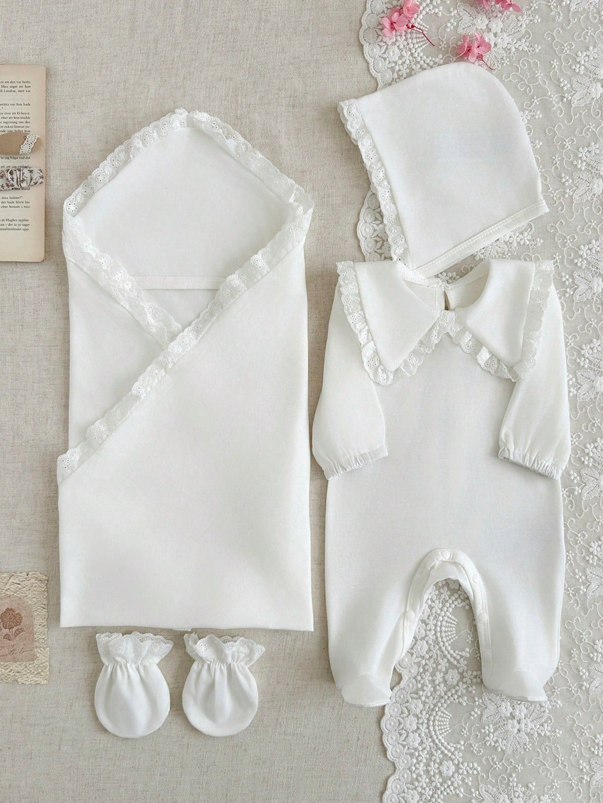 4pcs Baby Girls Lace-Trim Footed Sleepsuit Gift Set - Ivory | 21 Ce...